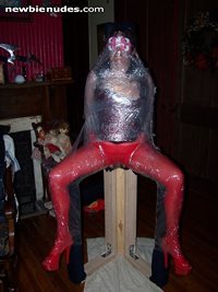 Wrapped and taped to the chair.  She was here for 1.5 hours, and three orga...